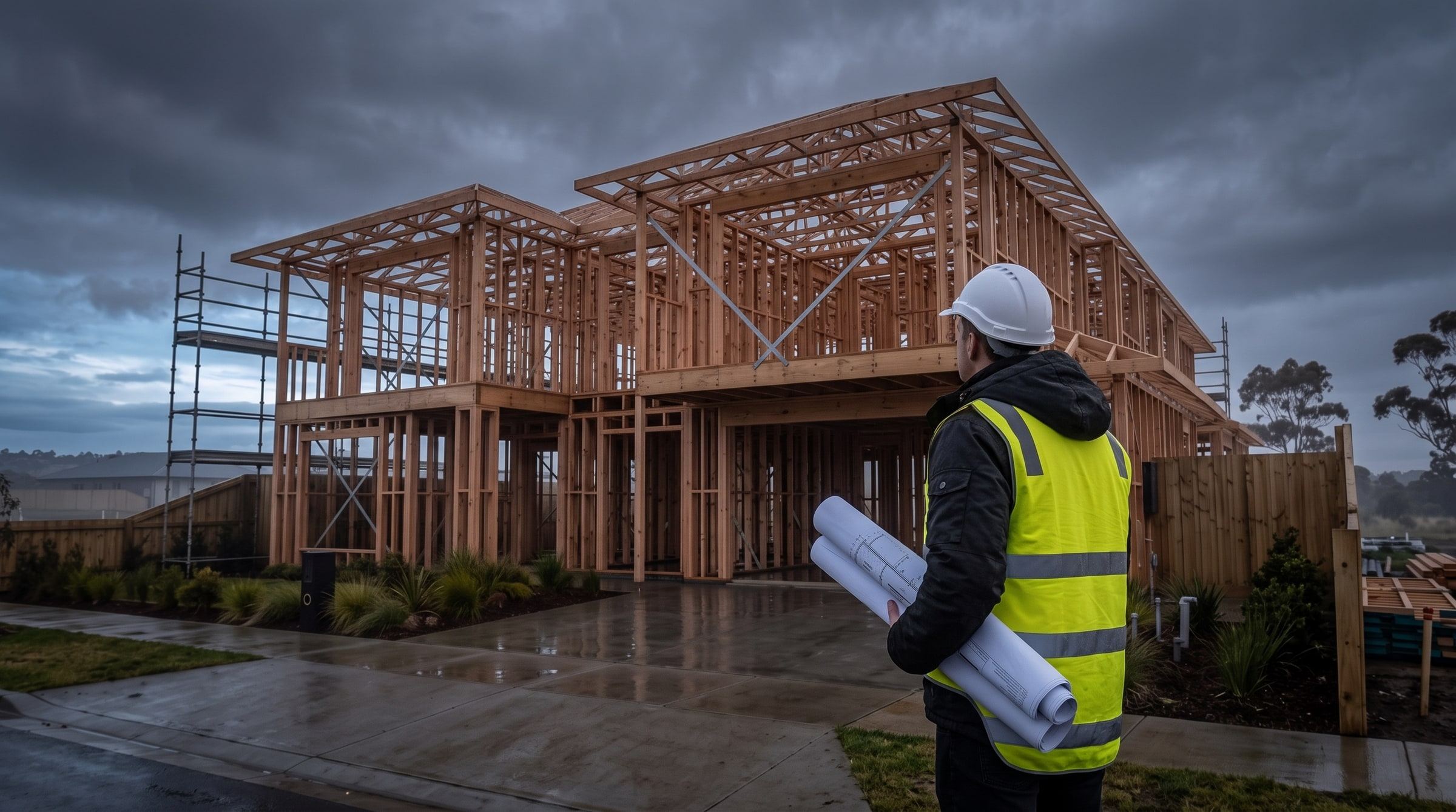 Timber house frame on a concrete slab at dusk, plans under the surveyor’s arm.